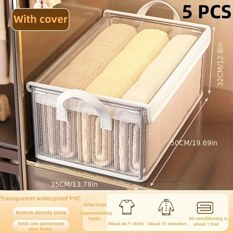 5pcs XL Size PVC Storage Boxes with Lids, Foldable Dustproof Clothes and Pants Organizers, Ideal for Home and Dorm, Wardrobe Storage Bins, Cube Organizers, Blanket Baskets, Under-Bed Storage Boxes, Under-Bed Storage