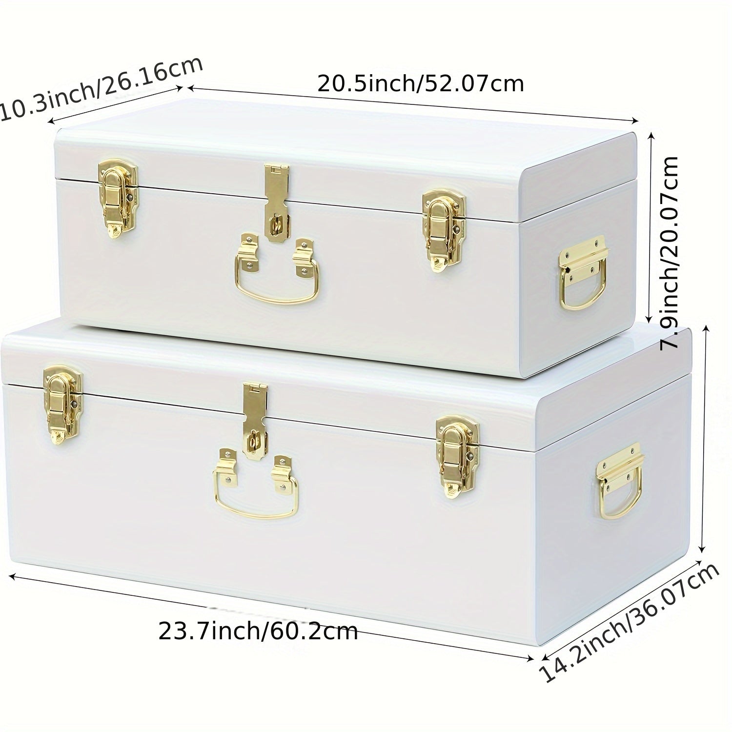 Metal Trunks For Home Set Of 2pcs Decorative Metal Box Storage Metal Trunks College Dorm Chest With Lock Hole, Equipped With Hardware Buckles And Handles, For Home, Bedroom Organization, For Home Decoration, 23.7X14.2X9.5 Inches (White)