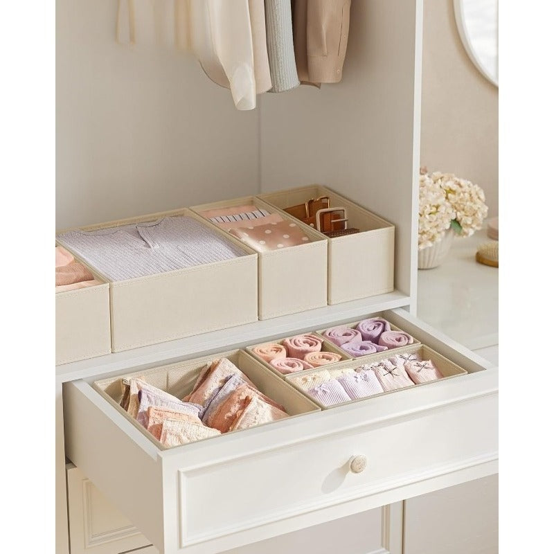 Storage Solutions for Drawers, Including Dividers And Organizers, Available in Sets of 12, 18, Or 24. These Foldable Fabric Boxes Are Perfect for Organizing Socks, Underwear, Bras, Ties, And Scarves, in a Dove Gray Color.