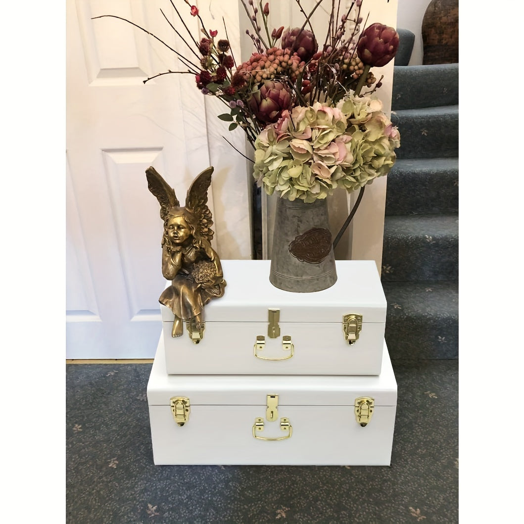 Metal Trunks For Home Set Of 2pcs Decorative Metal Box Storage Metal Trunks College Dorm Chest With Lock Hole, Equipped With Hardware Buckles And Handles, For Home, Bedroom Organization, For Home Decoration, 23.7X14.2X9.5 Inches (White)