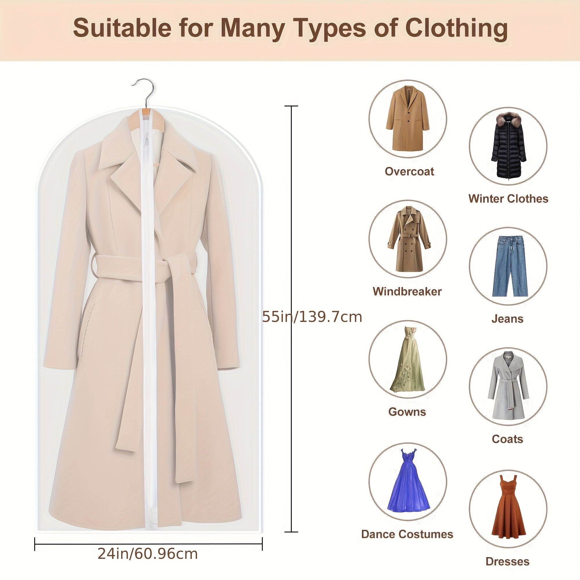 5pcs Zipper Style Clothing Hanging Bag, Transparent Clothing Dust Cover, Dust-proof Bag, Non-woven Fabric Suit Cover, Coat, Clothing Dust-proof Bag, PEVA Clothing Storage