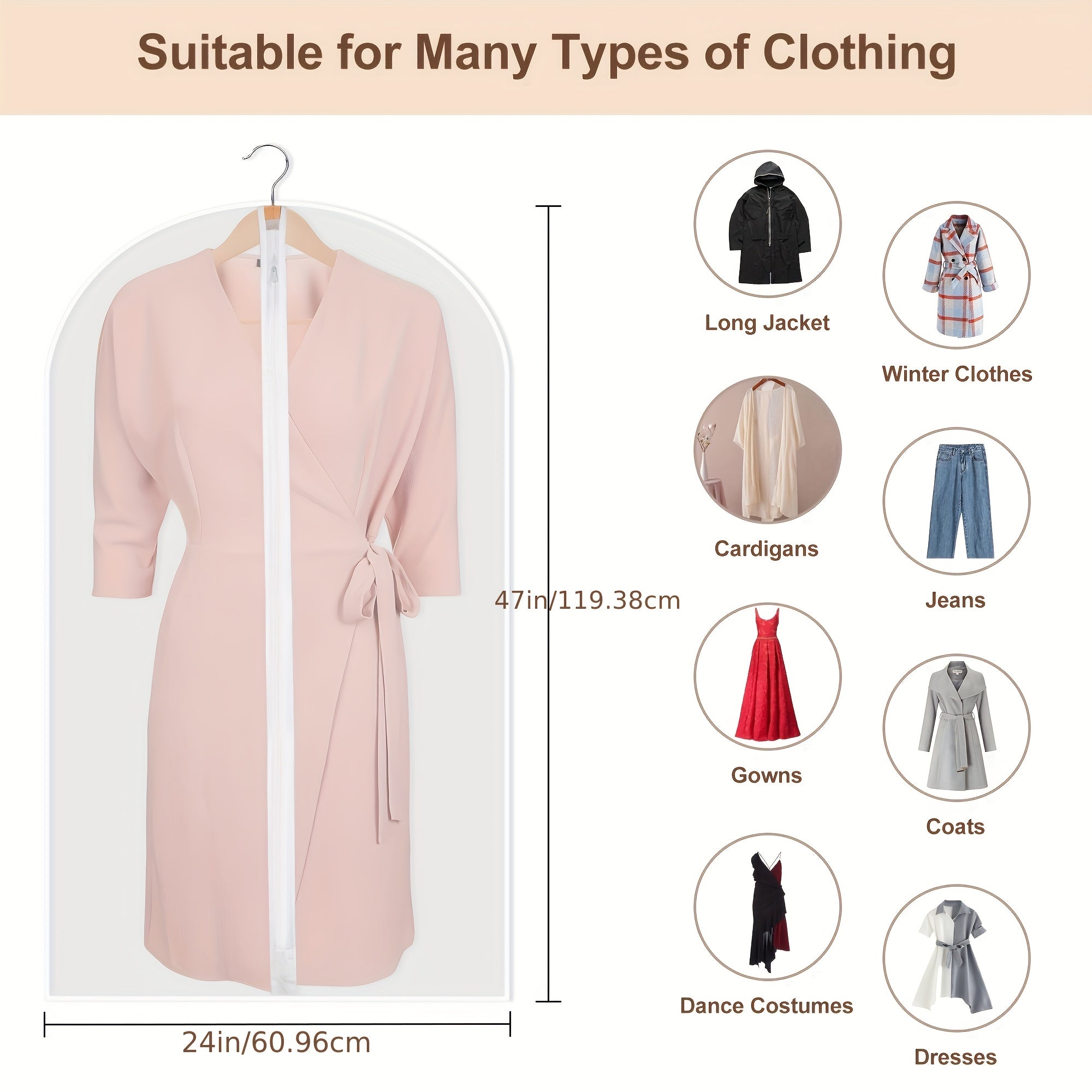 5pcs Zipper Style Clothing Hanging Bag, Transparent Clothing Dust Cover, Dust-proof Bag, Non-woven Fabric Suit Cover, Coat, Clothing Dust-proof Bag, PEVA Clothing Storage