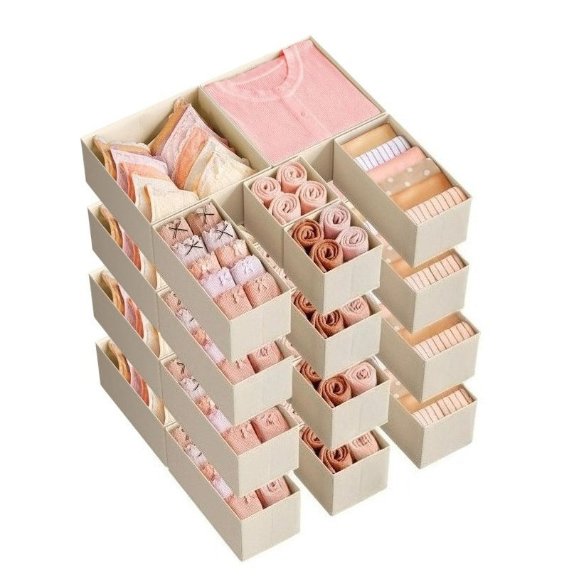 Storage Solutions for Drawers, Including Dividers And Organizers, Available in Sets of 12, 18, Or 24. These Foldable Fabric Boxes Are Perfect for Organizing Socks, Underwear, Bras, Ties, And Scarves, in a Dove Gray Color.