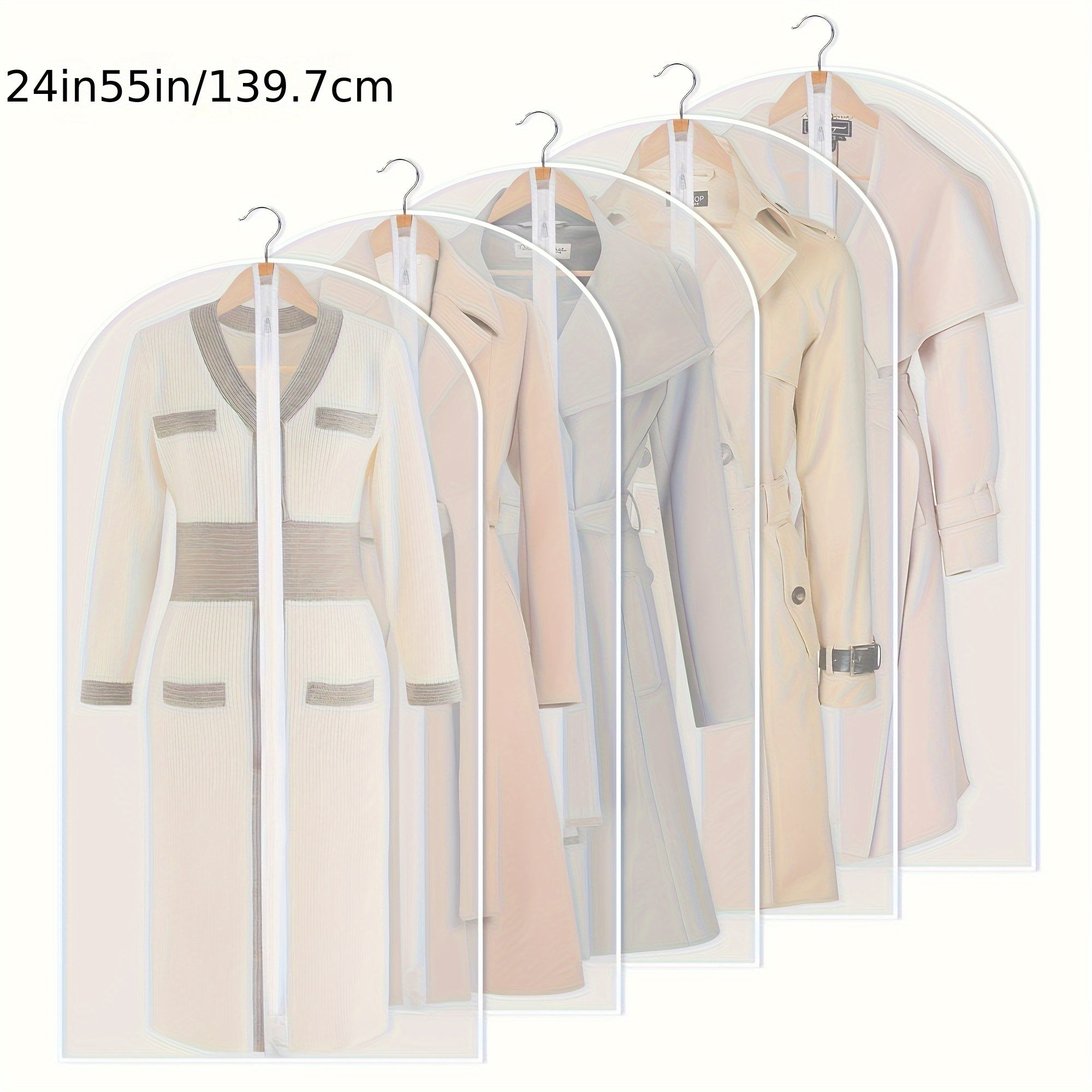 5pcs Zipper Style Clothing Hanging Bag, Transparent Clothing Dust Cover, Dust-proof Bag, Non-woven Fabric Suit Cover, Coat, Clothing Dust-proof Bag, PEVA Clothing Storage