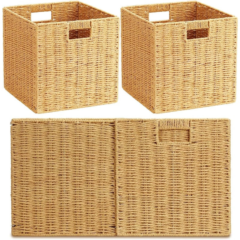 2pcs Large Foldable Wicker Storage Baskets with Metal Frame - Heavy-Duty Collapsible Cube Organizers, Hand-Woven Beige Wicker Bins, Stackable Space-Saving for, Books, Laundry, Farmhouse & Boho Organization (, Shelf Baskets