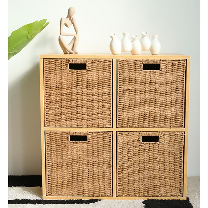 2pcs Large Foldable Wicker Storage Baskets with Metal Frame - Heavy-Duty Collapsible Cube Organizers, Hand-Woven Beige Wicker Bins, Stackable Space-Saving for, Books, Laundry, Farmhouse & Boho Organization (, Shelf Baskets