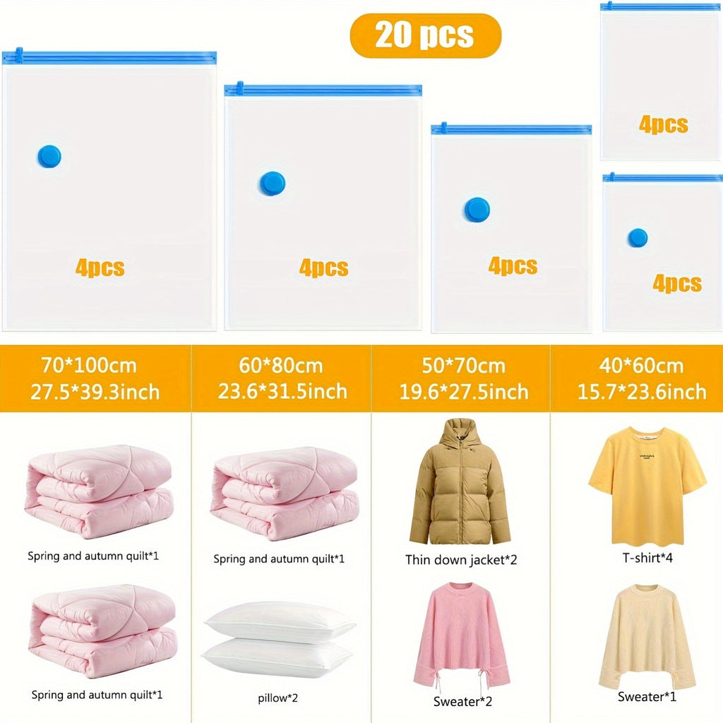 20-Pack Vacuum Compression Storage Bags with Hand Pump - Space-Saving, Multi-Size Nylon Zippered Pouches for Clothes & Blankets, Ideal for Travel, Clothes Organizer Storage