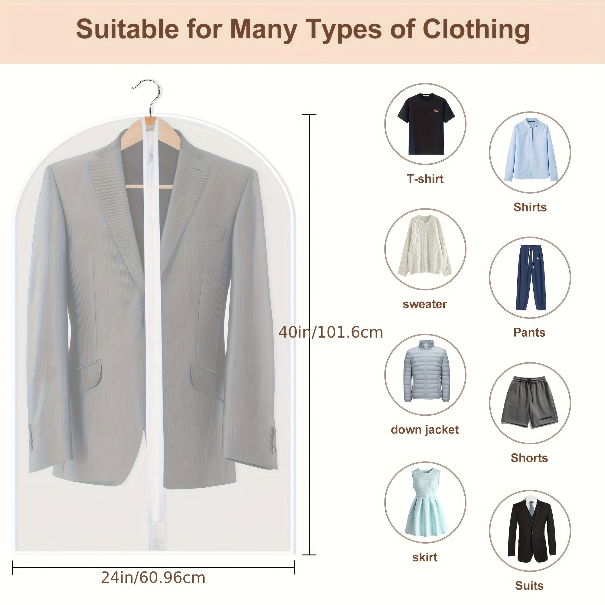 5pcs Zipper Style Clothing Hanging Bag, Transparent Clothing Dust Cover, Dust-proof Bag, Non-woven Fabric Suit Cover, Coat, Clothing Dust-proof Bag, PEVA Clothing Storage