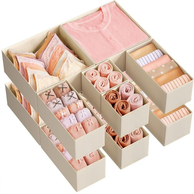 Storage Solutions for Drawers, Including Dividers And Organizers, Available in Sets of 12, 18, Or 24. These Foldable Fabric Boxes Are Perfect for Organizing Socks, Underwear, Bras, Ties, And Scarves, in a Dove Gray Color.