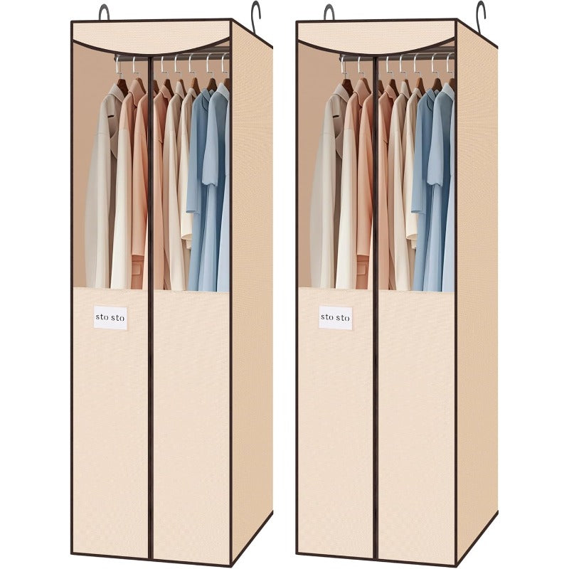 STO 2 Pack Large Hanging Garment Bag with Built-In Steel Rod & Heavy-Duty Hooks - Full-Length Zipper Wardrobe Closet Storage Cover, Clear ID Window & Oxford Fabric Dress Suit Case for Clothes (53.5” Hanging Height, Oxford Fabric)