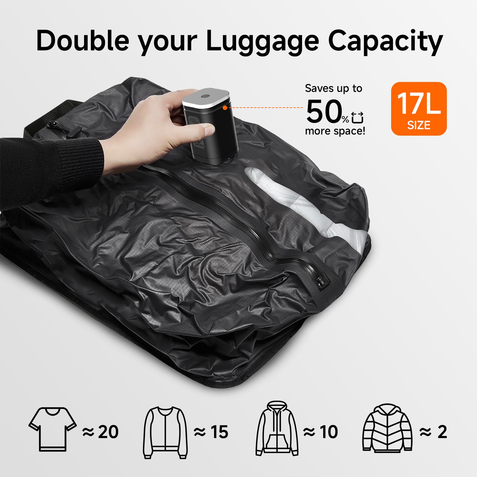 4.49gal IPX7 Waterproof Travel Electric Vacuum Compression Bag | Pump, 50% Space-Saving, Fits Suitcases, Backpacks, Carry-On Luggage, Ideal for Travel and Business Trips, Zipper Closure, Nylon Material, Charging
