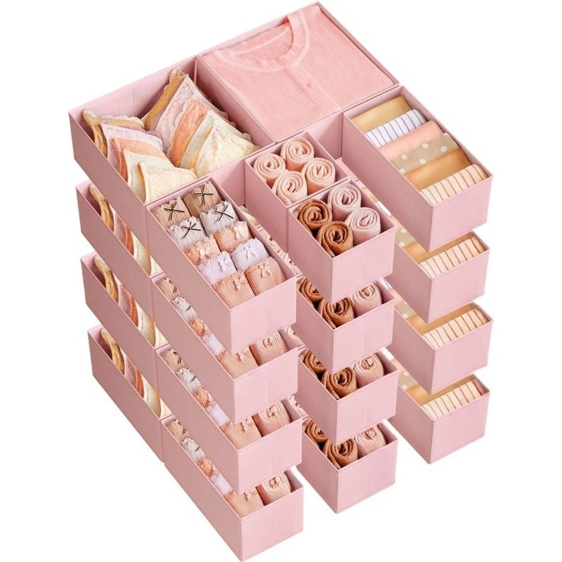 Storage Solutions for Drawers, Including Dividers And Organizers, Available in Sets of 12, 18, Or 24. These Foldable Fabric Boxes Are Perfect for Organizing Socks, Underwear, Bras, Ties, And Scarves, in a Dove Gray Color.