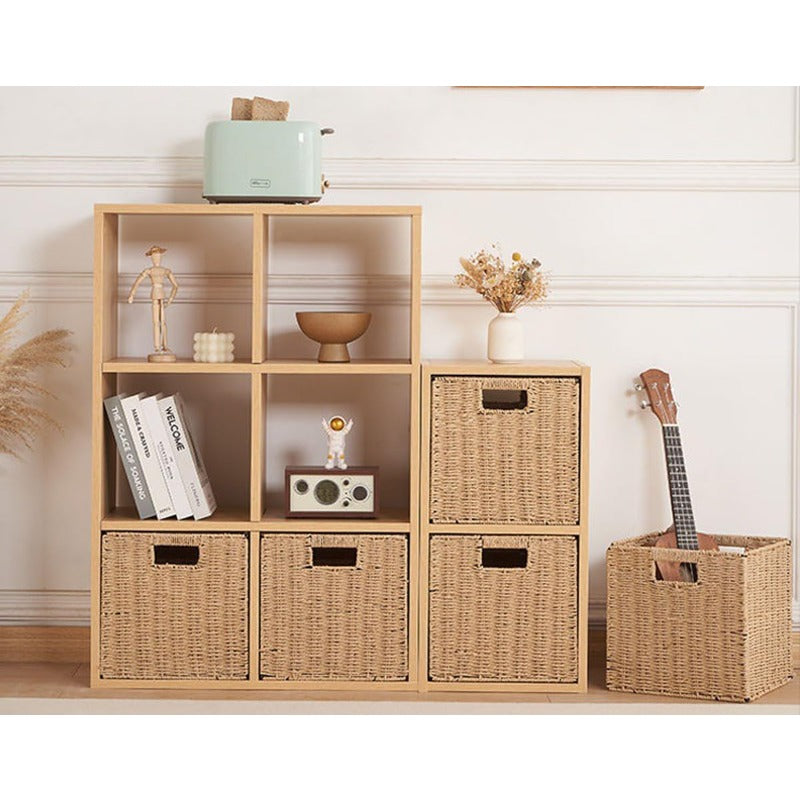 2pcs Large Foldable Wicker Storage Baskets with Metal Frame - Heavy-Duty Collapsible Cube Organizers, Hand-Woven Beige Wicker Bins, Stackable Space-Saving for, Books, Laundry, Farmhouse & Boho Organization (, Shelf Baskets