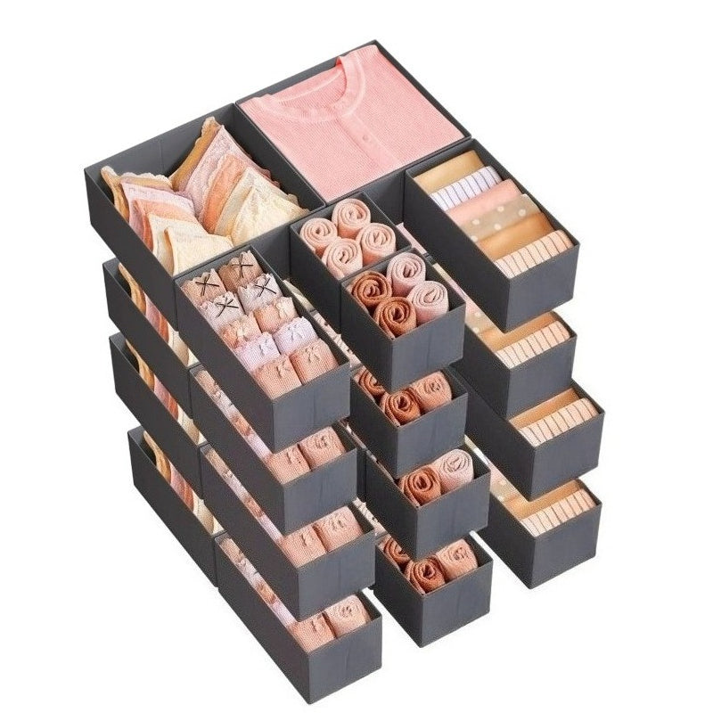 Storage Solutions for Drawers, Including Dividers And Organizers, Available in Sets of 12, 18, Or 24. These Foldable Fabric Boxes Are Perfect for Organizing Socks, Underwear, Bras, Ties, And Scarves, in a Dove Gray Color.
