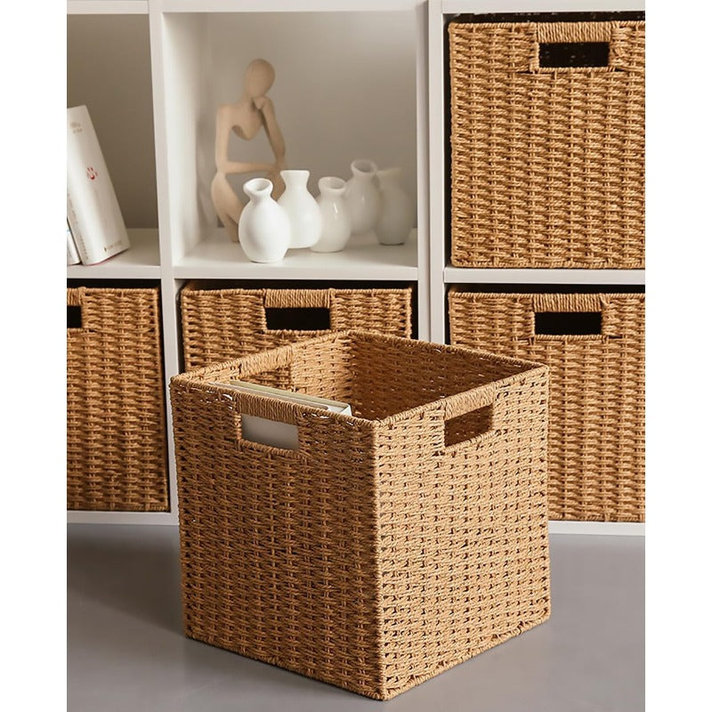 2pcs Large Foldable Wicker Storage Baskets with Metal Frame - Heavy-Duty Collapsible Cube Organizers, Hand-Woven Beige Wicker Bins, Stackable Space-Saving for, Books, Laundry, Farmhouse & Boho Organization (, Shelf Baskets