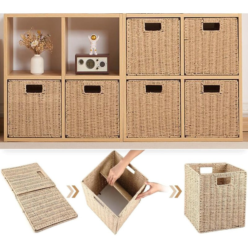 2pcs Large Foldable Wicker Storage Baskets with Metal Frame - Heavy-Duty Collapsible Cube Organizers, Hand-Woven Beige Wicker Bins, Stackable Space-Saving for, Books, Laundry, Farmhouse & Boho Organization (, Shelf Baskets