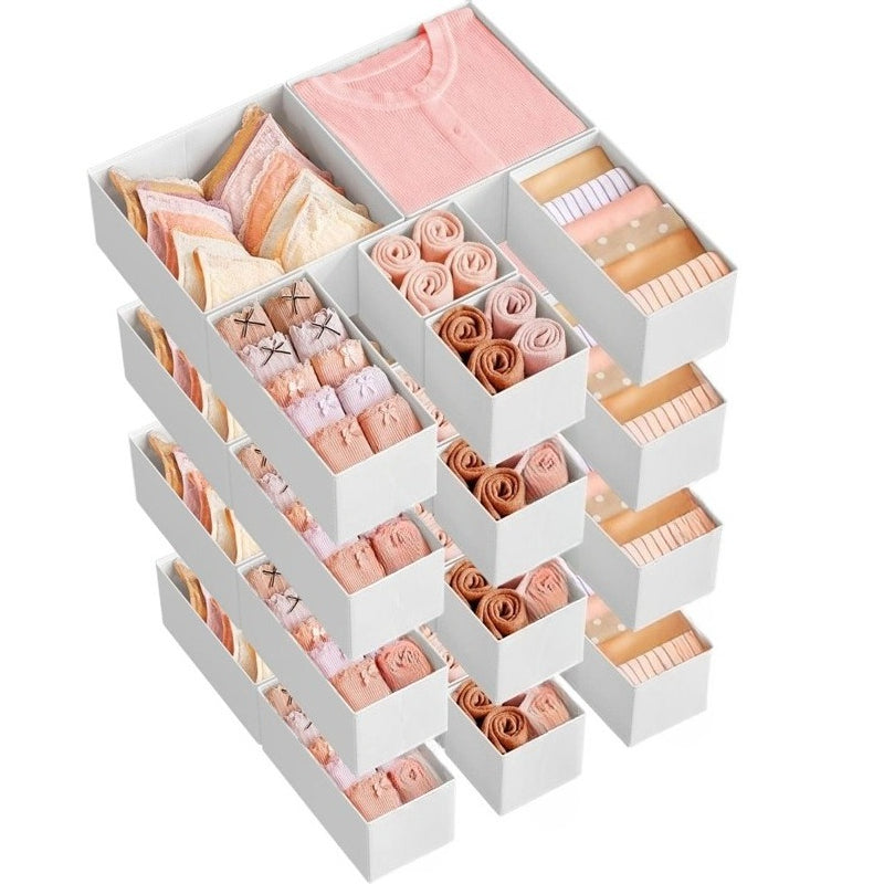 Storage Solutions for Drawers, Including Dividers And Organizers, Available in Sets of 12, 18, Or 24. These Foldable Fabric Boxes Are Perfect for Organizing Socks, Underwear, Bras, Ties, And Scarves, in a Dove Gray Color.