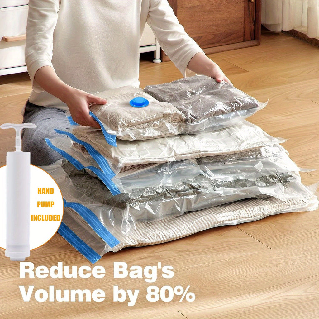 20-Pack Vacuum Compression Storage Bags with Hand Pump - Space-Saving, Multi-Size Nylon Zippered Pouches for Clothes & Blankets, Ideal for Travel, Clothes Organizer Storage