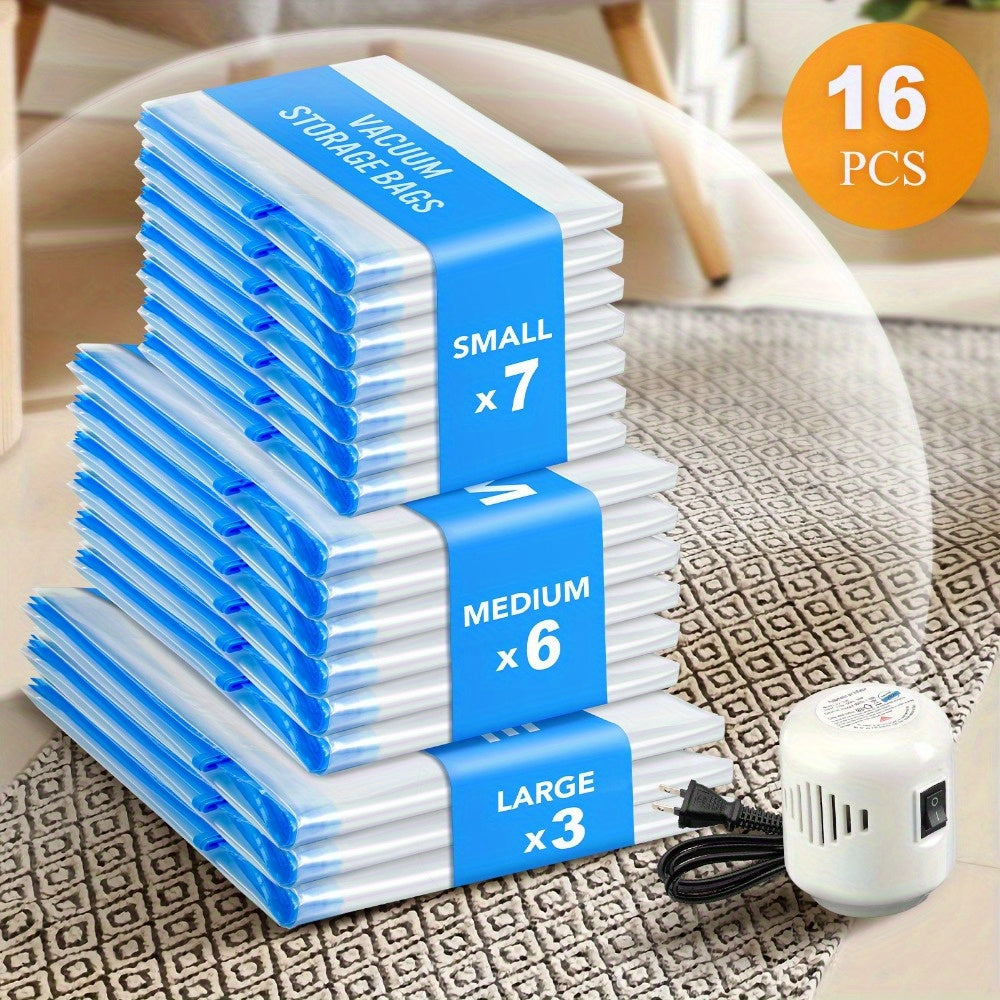 Vacuum Storage Bags 16pcs Vacuum Compression Bags with Electric Pump, (7 Small, 6 Medium, 3 Large)Vacuum Seal Storage Bags Space Saver Travel Size for Storage for Luggage, Vacuum Storage Bags for Clothes, Bedding, Pillows, Quilts, Blankets