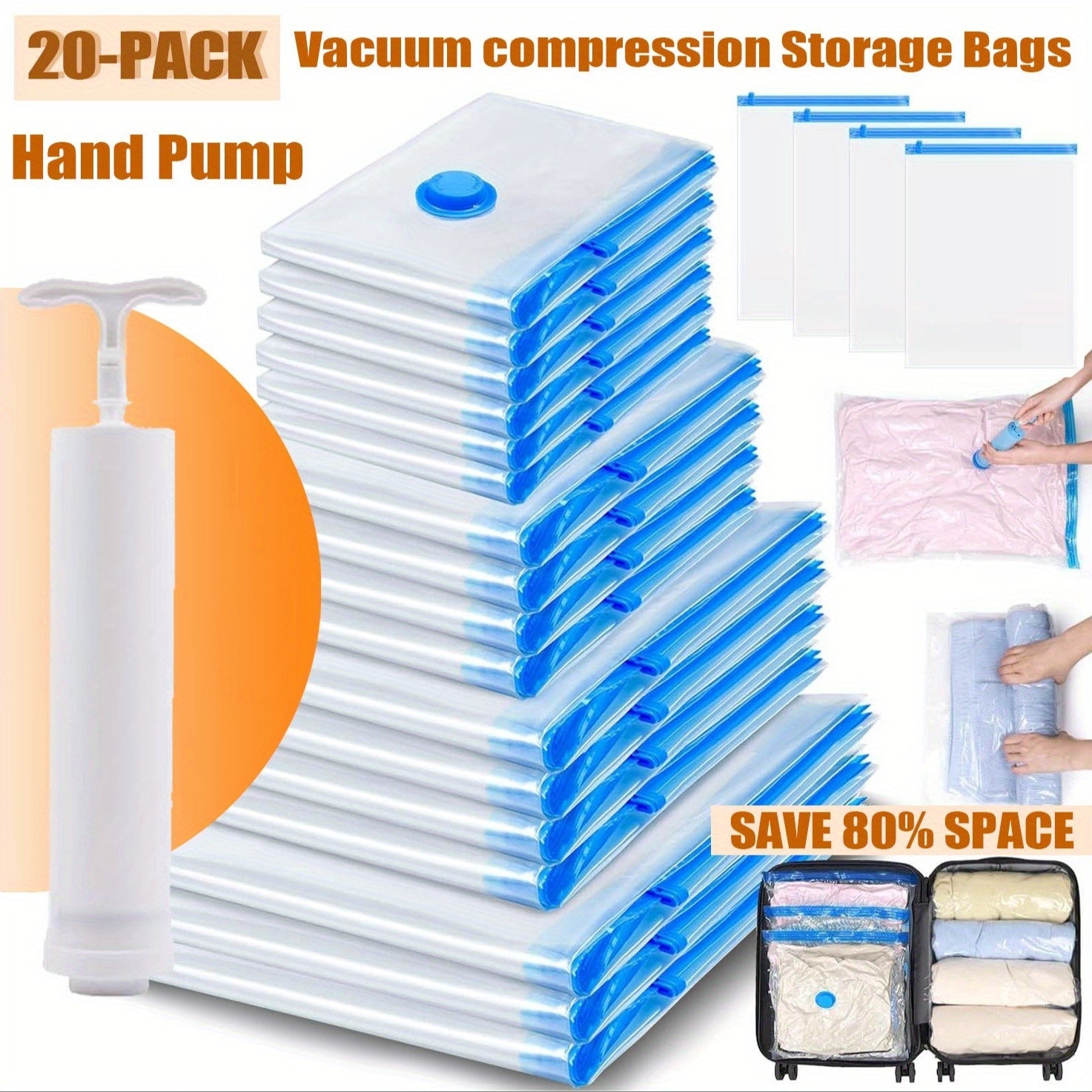 20-Pack Vacuum Compression Storage Bags with Hand Pump - Space-Saving, Multi-Size Nylon Zippered Pouches for Clothes & Blankets, Ideal for Travel, Clothes Organizer Storage
