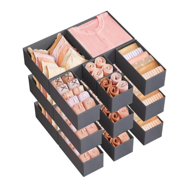 Storage Solutions for Drawers, Including Dividers And Organizers, Available in Sets of 12, 18, Or 24. These Foldable Fabric Boxes Are Perfect for Organizing Socks, Underwear, Bras, Ties, And Scarves, in a Dove Gray Color.