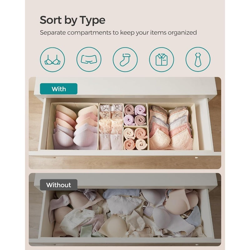 Storage Solutions for Drawers, Including Dividers And Organizers, Available in Sets of 12, 18, Or 24. These Foldable Fabric Boxes Are Perfect for Organizing Socks, Underwear, Bras, Ties, And Scarves, in a Dove Gray Color.