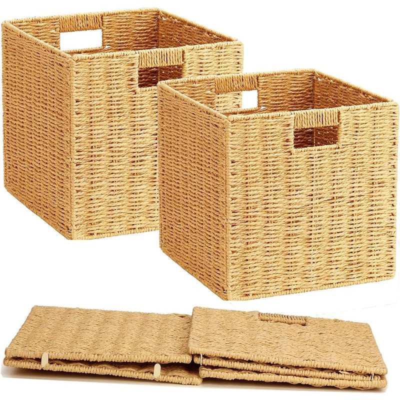 2pcs Large Foldable Wicker Storage Baskets with Metal Frame - Heavy-Duty Collapsible Cube Organizers, Hand-Woven Beige Wicker Bins, Stackable Space-Saving for, Books, Laundry, Farmhouse & Boho Organization (, Shelf Baskets