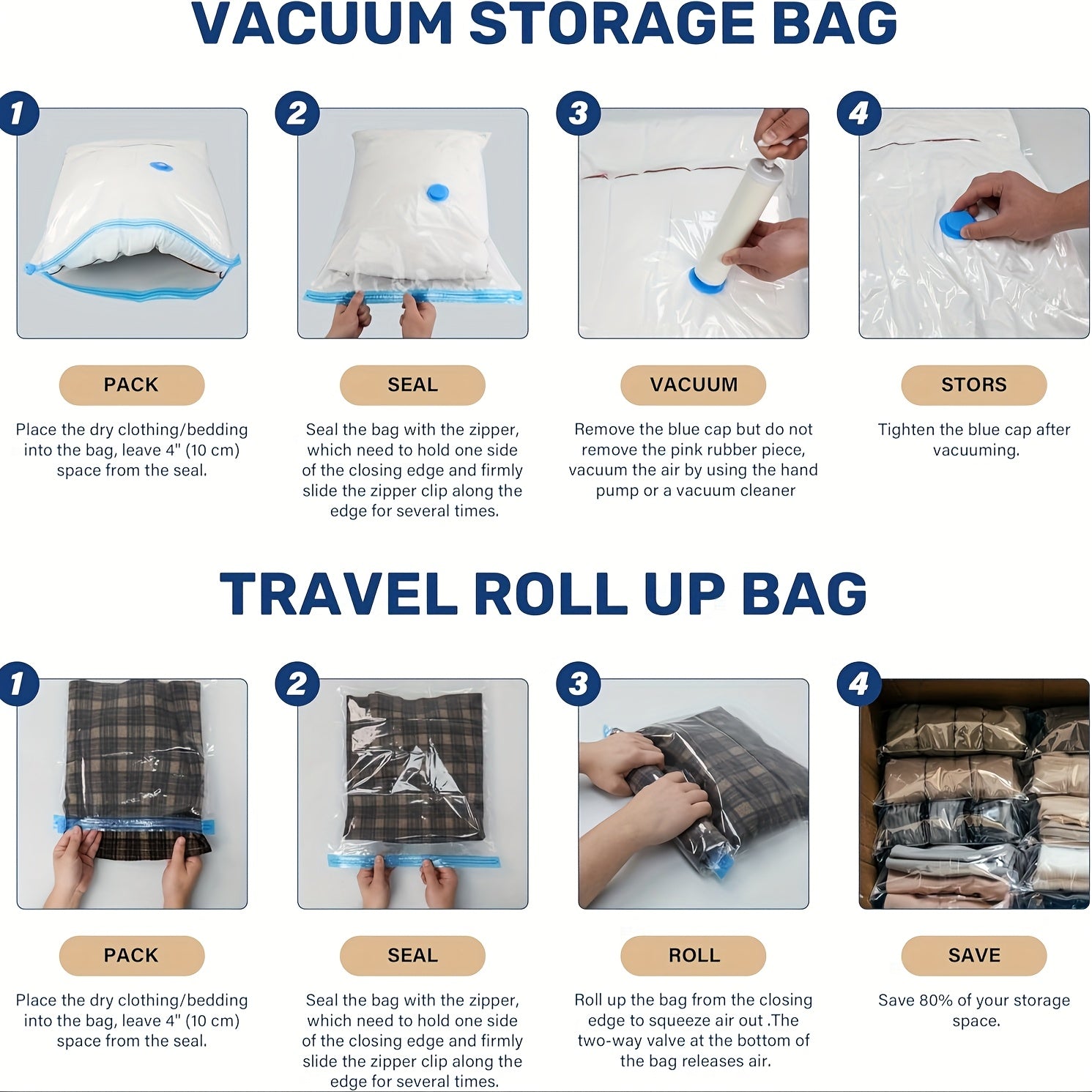 Vacuum Storage Bags, 8pack-Jumbo Space Saver Vacuum Storage Bags, Vacuum Seal Bags For Clothing, Clothes, Comforters And Blankets Transparent, Space Saver Bags